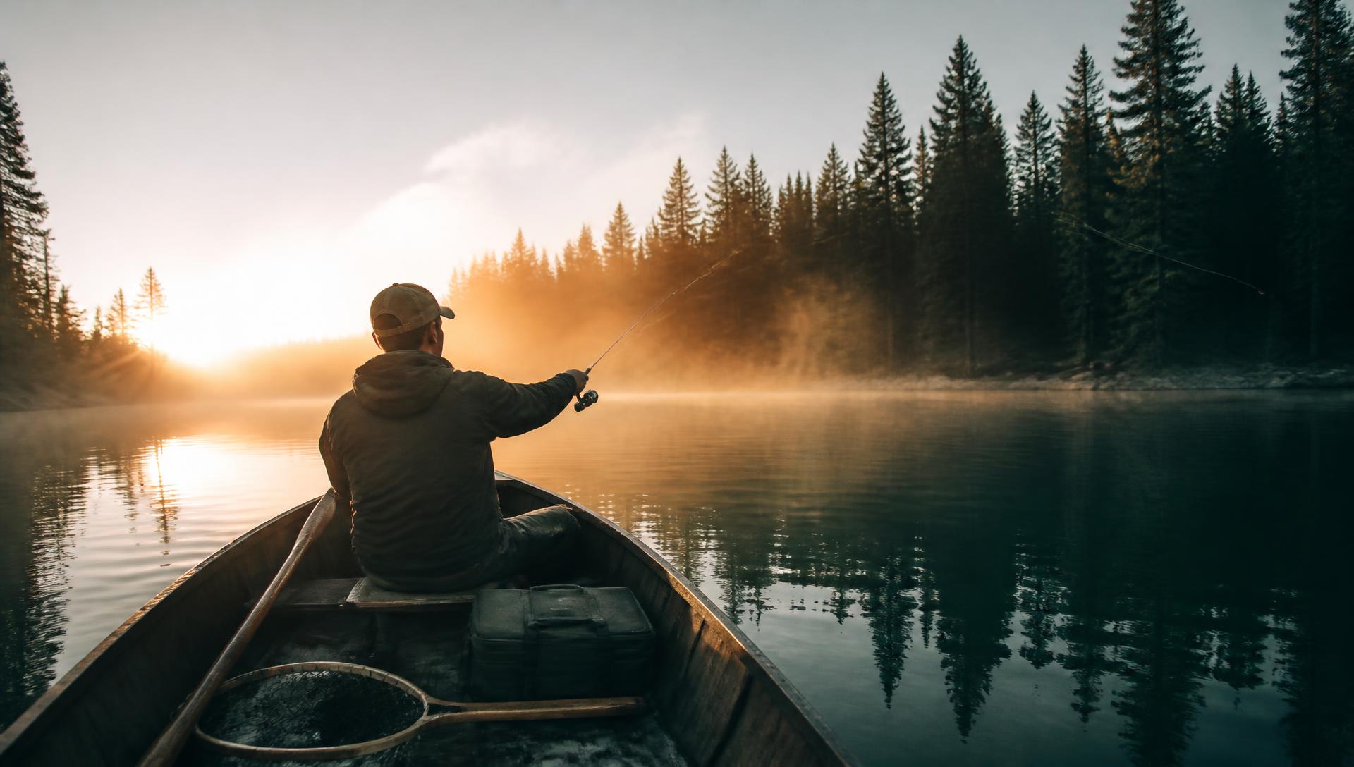 Angler casting a rod from a boat at sunrise on a misty lake